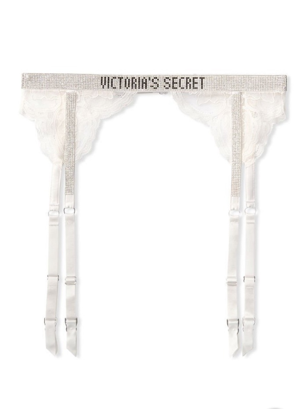 Victoria's Secret White Lace with Rhinestone Logo Shine Strap Lace Garter Belt